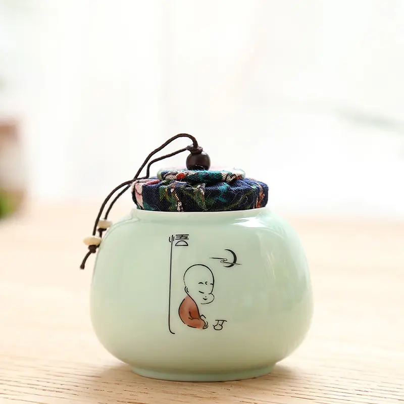 qingci xiu Small Kitchen Tea Storge Jar Traditional Chinese Tea Box Porcelain Pu'er Tea Cans Ceramic Sealed Spieces Canister Office Teaware - Цвет: qingci xiu