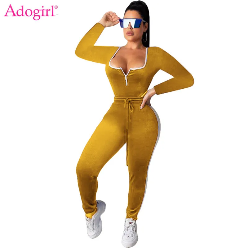 

Adogirl Women Velvet Tracksuit Casual Two Piece Set Zipper U Neck Long Sleeve Bodysuit Top Pencil Pants 2019 Autumn Winter Suit