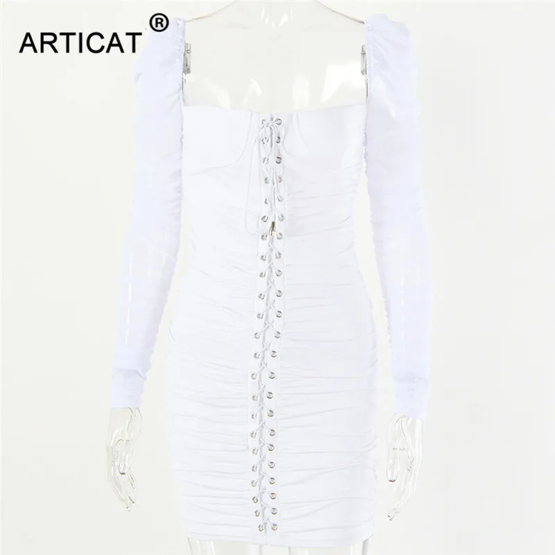 Articat, Сетчатое, с рюшами, вечерние, рождественское платье, женское, белое, без бретелек, на шнуровке, облегающее, Осеннее, зимнее платье, элегантное короткое платье