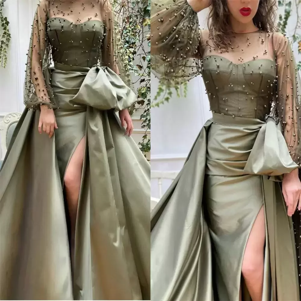 Olive Green Prom Dresses Crystals Pearls Jewel Neck Long Poet Sleeves Side Slit Custom Made Plus Size Evening Party dark green prom dress