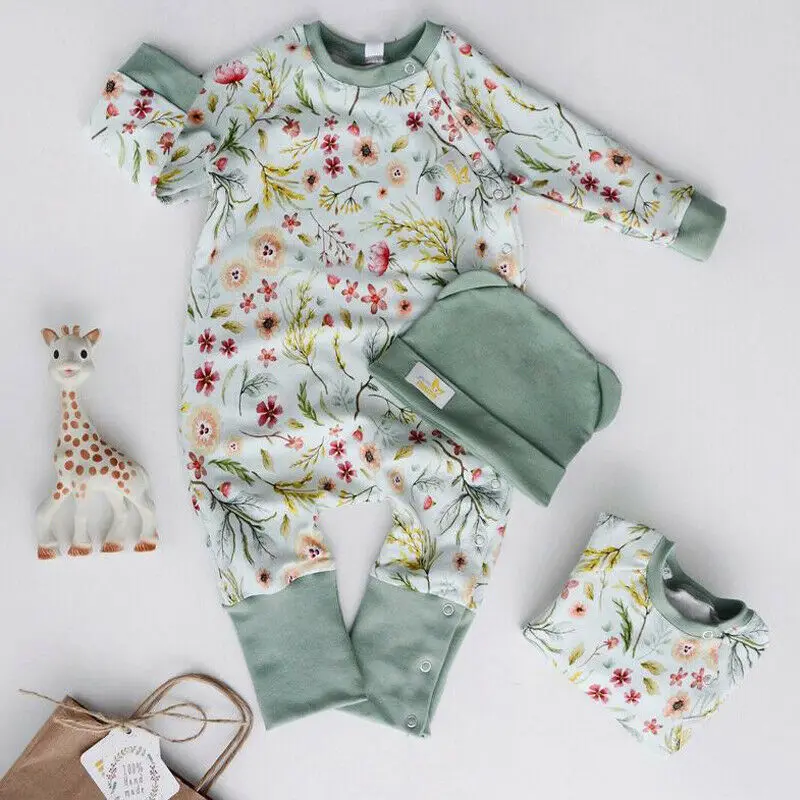 Emmababy Одежда для новорожденных мальчиков и девочек хлопковый комбинезон с длинными рукавами и цветочным принтом+ шапочка, комплект одежды на осень