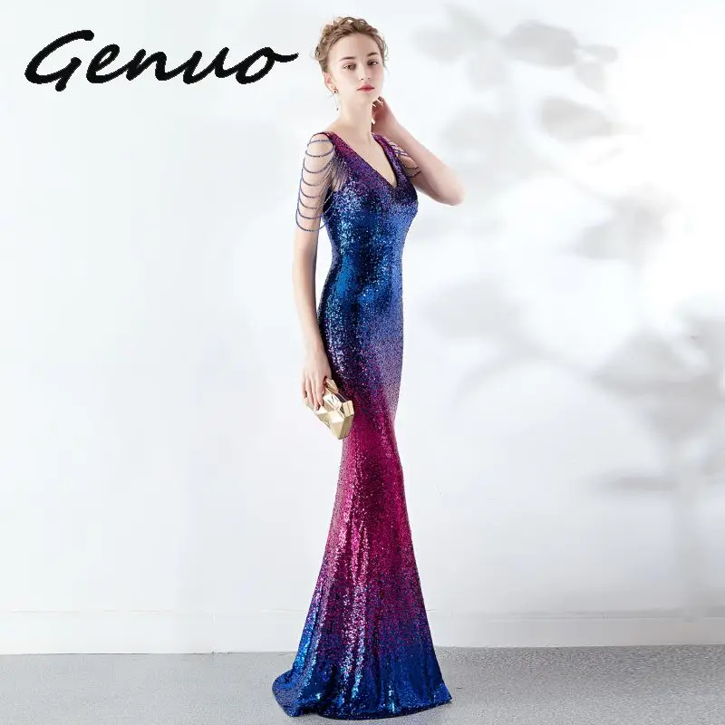Genuo, новинка, Trajes De Gala, v-образный вырез, вечерние платья, сексуальные, с блестками, на молнии, сзади, Русалка, в пол, Vestido De fiesta largo