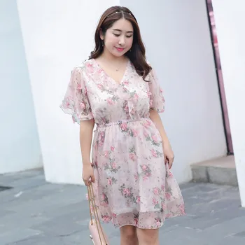 

Women's summer chiffon printed lace-up dress plus size knee length casual wear 100 kg can be worn