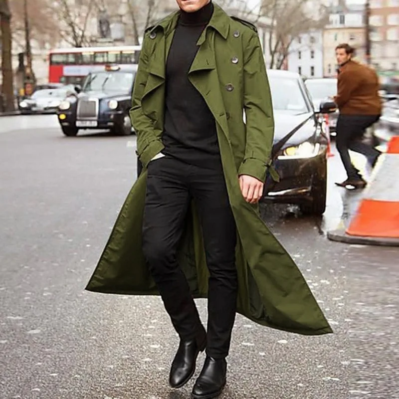 Long Slim Men Trench Coat Double-Breasted Lapel Windbreaker Male Fashion Autumn Winter Coat Long Design Trench Male Size S-2Xl