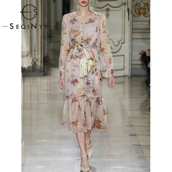 

SEQINYY Boho Midi Dress 2020 Summer Spring new Fashion Design Women Flowers Print Button Belt Tassel Elastic Lining Runway Dress