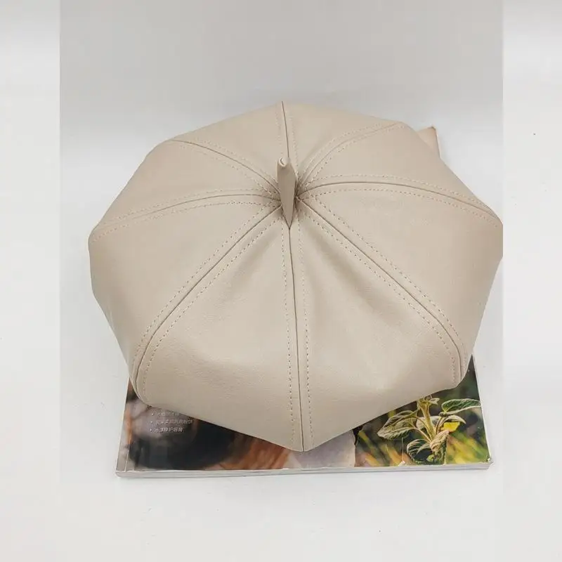 COKK из искусственной кожи, берет для женщин, Осень-зима, винтажная кожаная восьмиугольная шляпа, женская шапка для художника, кепка для газетчика, ретро-шляпы - Цвет: Beige