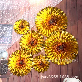 

1 set (6pcs) Gold Paper Fans Hanging Decoration Paper Fan Flower Hangs Banner for Vintage Style Wedding Party Decorations