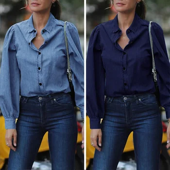 

ZANZEA Women Cotton Linen Shirts Blouses Female Long Sleeve Light Blue Tops Ladies Lapel Neck Buttons Down Tunic Chemiser Mujer