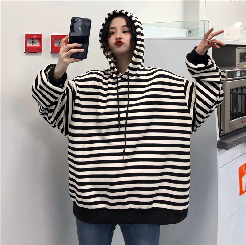 Корейский ulzzang модный свободный ретро свитер с капюшоном Женский Зимний шикарный Harajuku полосатый круглый вырез Повседневная Женская толстовка