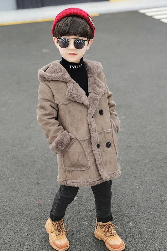 Boys Thickened Suede Fur Jacket Autumn Winter New Children's Velvet Warm Outerwear Clothes Kids Fashion Hooded Overcoat B352