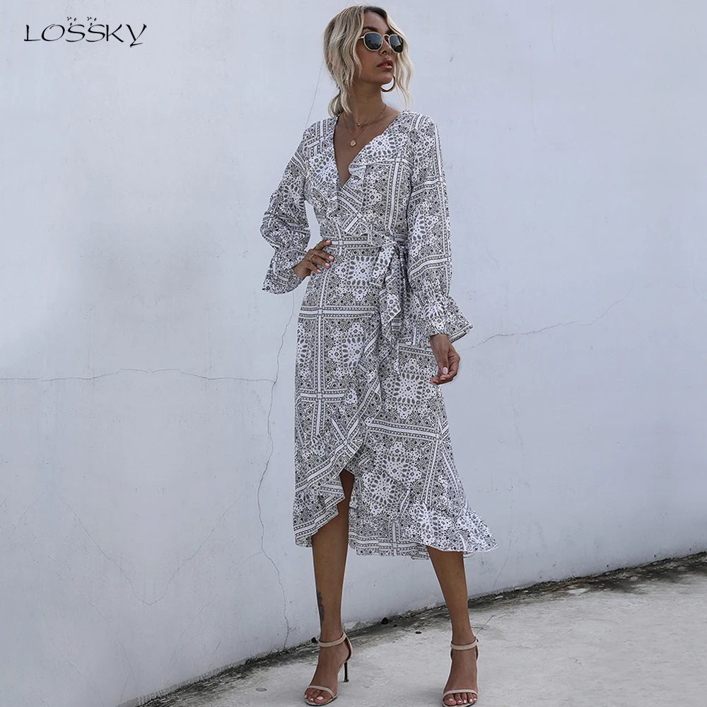 Dress Autumn Spring Casual Floral Print Ruffle Waist Fitted Womens Clothing White Long Sleeve Dresses For Women Fall 2020 | Женская