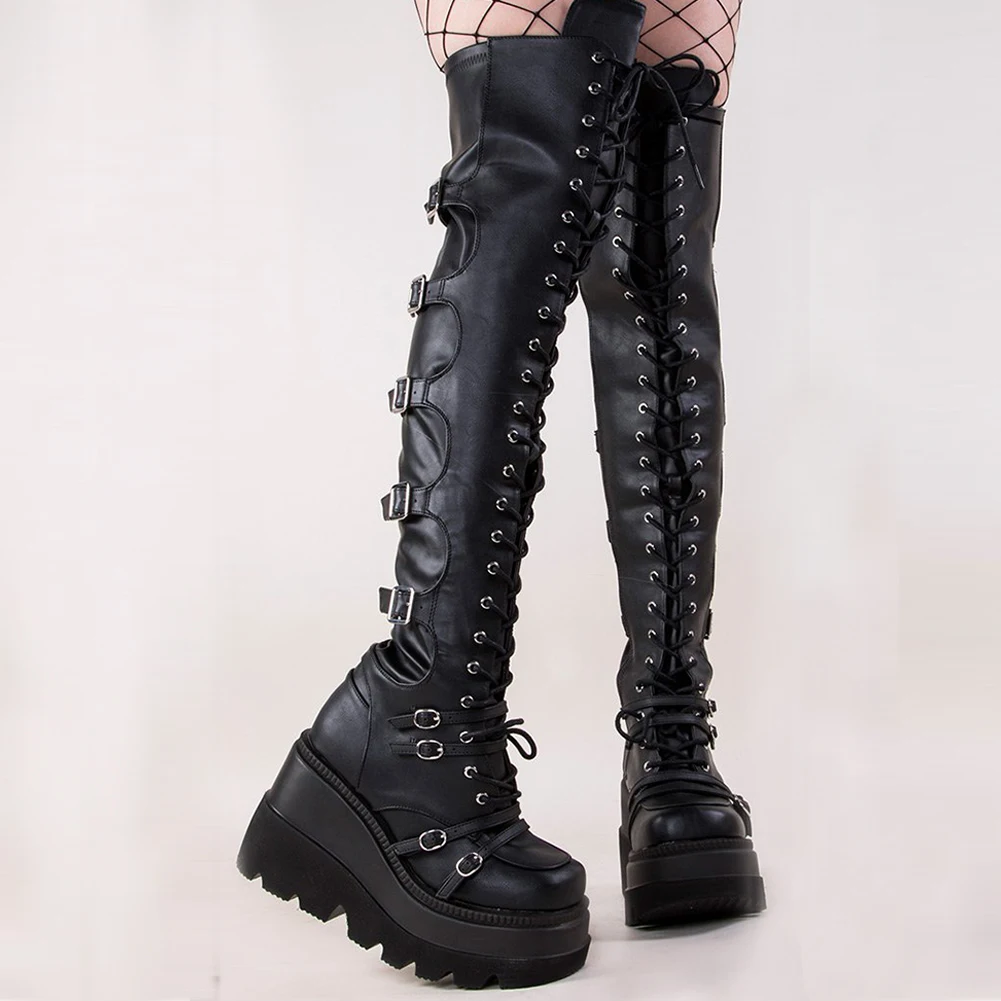 Barato Marca de lujo de mujer de plataforma de hebilla gótico cuñas altas diseño botas altas rodilla plataforma Punk botas de mujer botas frescas gBQLx3JQmeO