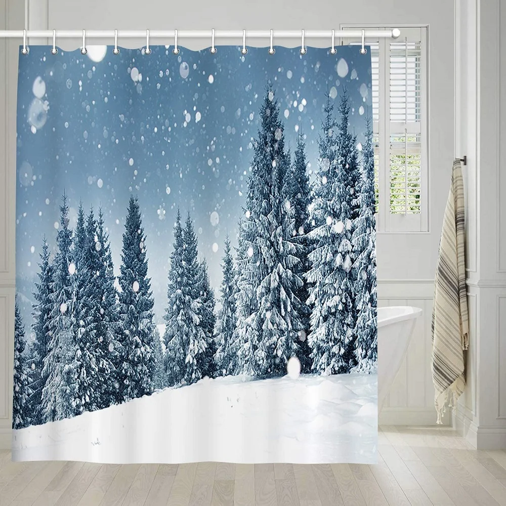 

Занавеска для душа из натуральной снежной ели, плотный Рождественский фон с изображением соснового леса, водонепроницаемая тканевая занав...