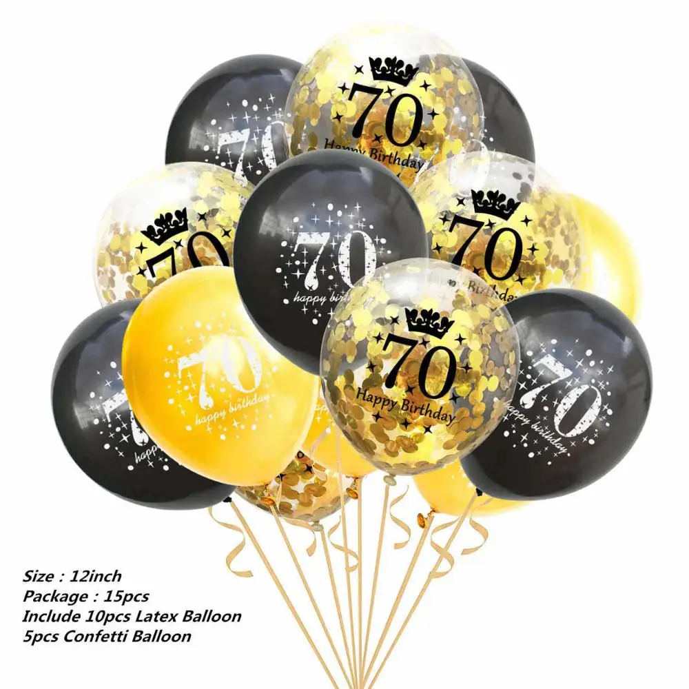 Black/Gold Party Decorations Hello 21th/30th/40th Birthday Party Supplies Wedding Decor Disposable Tablecloth Plates Cups - Цвет: 15pcs balloon 70