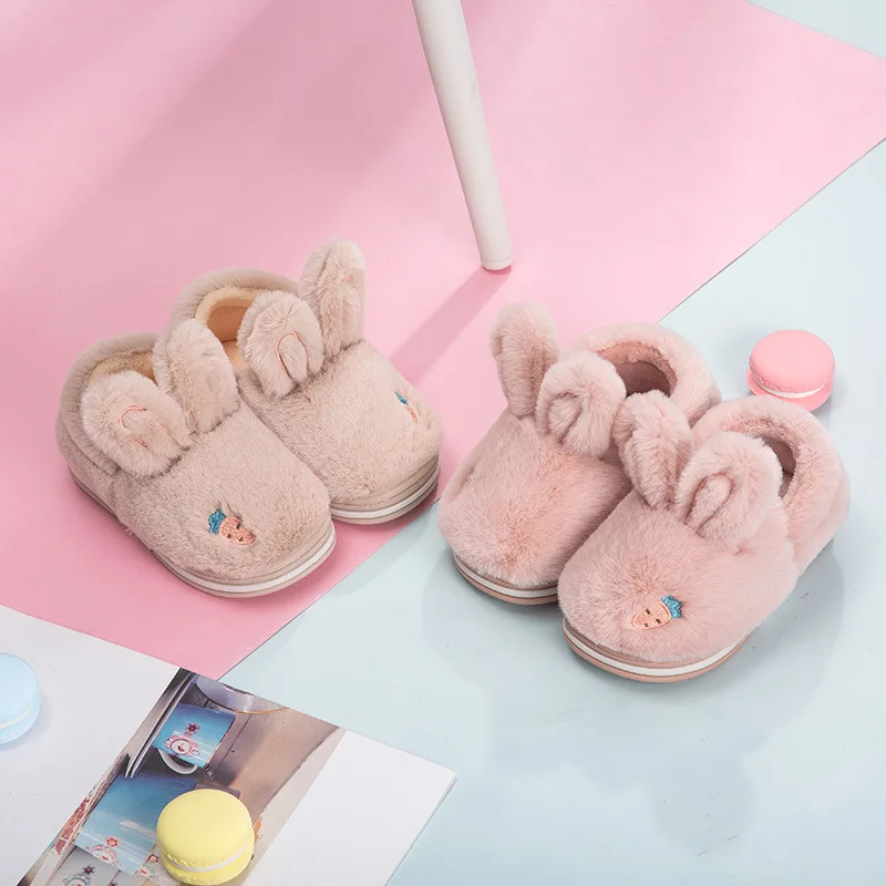 

2019 New Style Female Padded Cover Heel Plush Warm Parent And Child Slippers Radish Rabbit Anti-slip CHILDREN'S Slippers Winter
