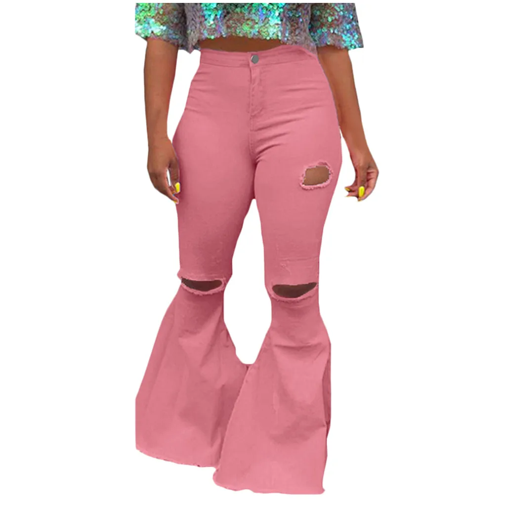 Розовый Женские Джинсы бойфренда для мамы, с эффектом пуш-ап, с дырками, расклешенные джинсы, уличная одежда, штаны на молнии, джинсовые штаны, женские длинные широкие брюки - Цвет: Розовый