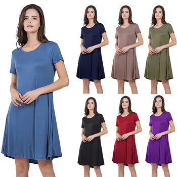 

2020 Spring and Summer Loose Short Sleeve round Neck Solid Color Pocket Dress