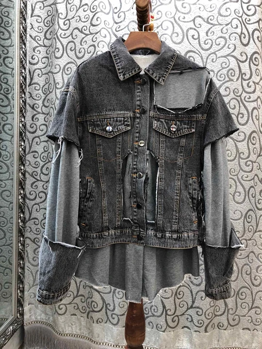 

2019 Early Autumn New Ladies'Collar Symmetrical Pocket Decoration Irregular Drop Long Sleeve Suit Short Jacket 903