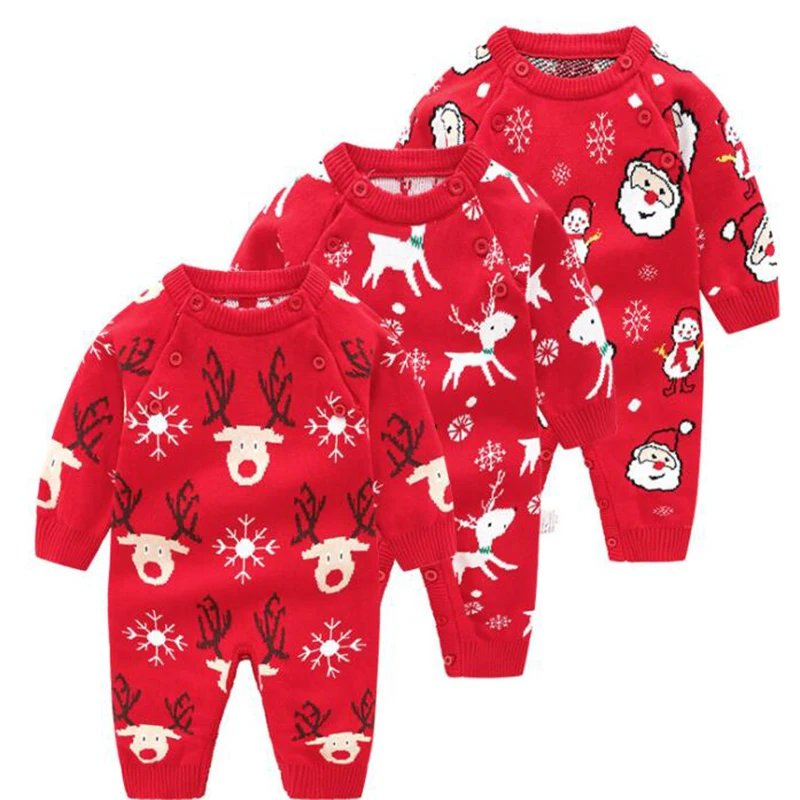 Christmas Toddler Baby Boy Cartoon Elk Jumpsuit Newborn Girl Clothes Long Sleeve Knitted Autumn Winter Warm Jumpsuit Clothes