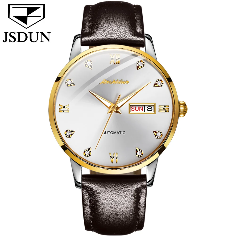 Brown Leather white Мужские полностью автоматические механические часы Relogio de homem, модные водонепроницаемые часы с календарем, датой, неделей, кожаным ремешком, мужские наручные часы - Цвет: Brown Leather white