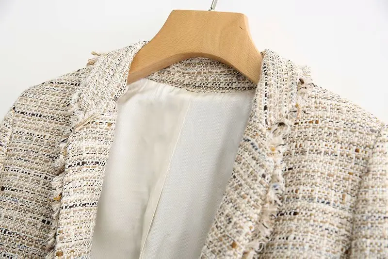

2018 Autumn New Style Graceful Weave Double Breasted Tweed Slim Fit Elegant Suit Middle Long Coat Women's