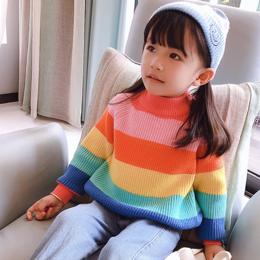 Girls Sweaters Autumn Winter Baby Gril Knitted Sweater Top Cute Pink Rainbow Kids Pullover Children's Clothing Christmas Gifts