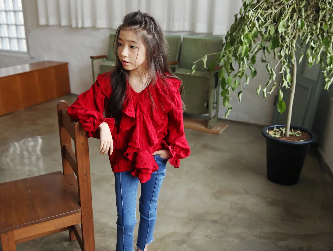 INS/рубашка для девочек, весна, стиль, корейский стиль, для детей среднего и большого размера, свободный крой, v-образный вырез, модная одежда с длинными рукавами