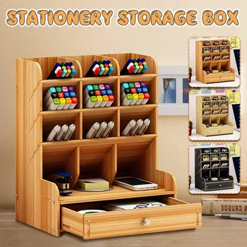 

Wooden Pen holder Fashion Desktop Multifunctional Receiving Box with drawer Office Pen Pencil Organizer Desk Organizer Storage