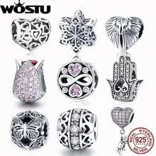 WOSTU Стерлингового Серебра 925 Бусины Шарм Сердце Розовый CZ Камень Леди Валентина Ажурные Бусины Fit Пандора Браслет
