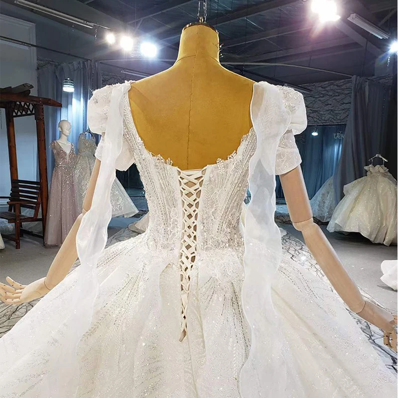 HTL2060 Elegant Extravagant Sequin Crystal Pearls Wedding Dress 2021 Square Collar Neck Short Sleeve Lace Up Back 6