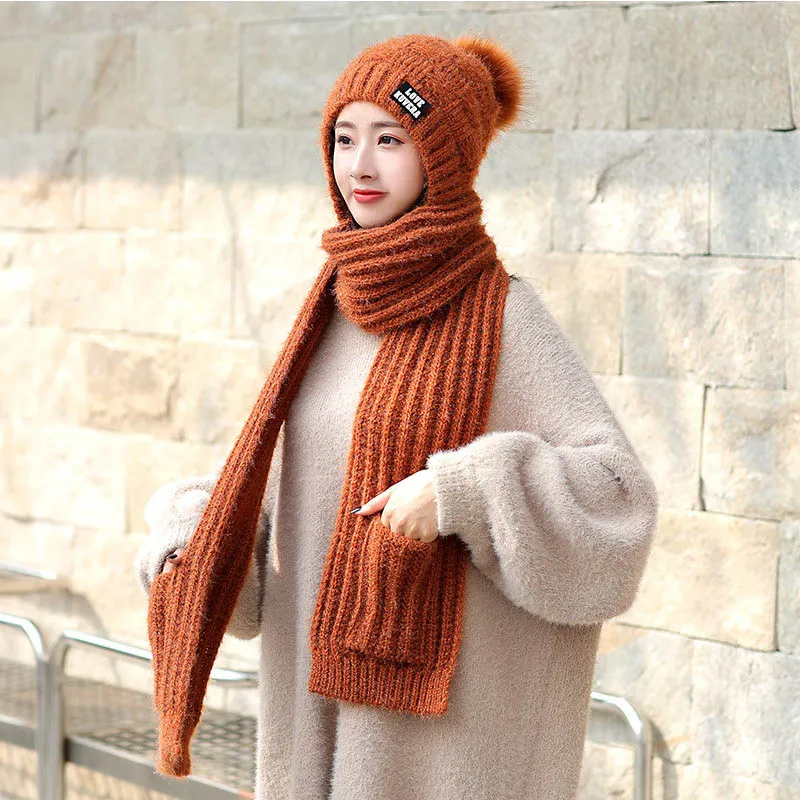 Caramel color Комплект из вязаной зимней шапки и шарфа, толстая шапка Skullies Beains, шерстяная зимняя теплая шапка с помпонами и шарфом, новинка, женские шапки - Цвет: Caramel color