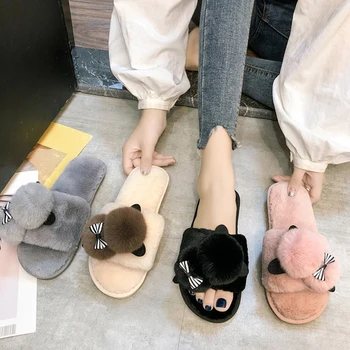 

Spring Cute Plush House Slippers Women Cartoon Cat Open Toe Comfortable Family Slippers Ladies Indoor Slapping Shoes