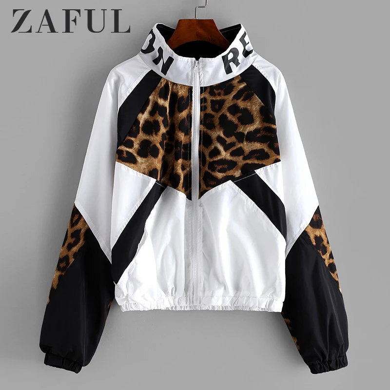 ZAFUL chaqueta de leopardo Mujer cremallera frontal leopardo Colorblock chaqueta cuello alto prendas de vestir Streetwear 2019 otoño Abrigos básicas| - AliExpress