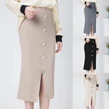 HEFLASHOR, модные, с высокой талией, зимние, вязаные, женские юбки,, Осенние, теплые, повседневные, длинные, женские, с разрезом спереди, на пуговицах