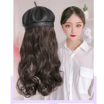 

Women Hat Hair Extensions Synthetic High Temperature Long Wavy hair extension with hat Integrated Wig Suitable Party For women