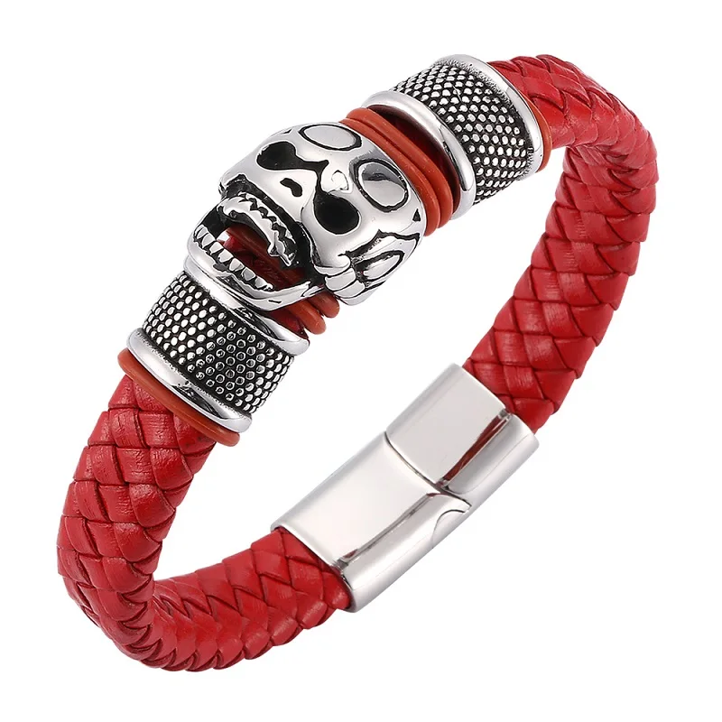Панк череп красный плетеный кожаный браслет мужские ювелирные изделия