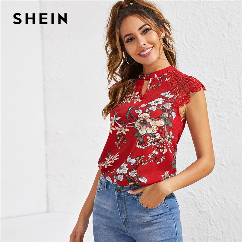 SHEIN гипюровый кружевной топ с рукавами реглан и цветочным принтом лето 2019 вырез