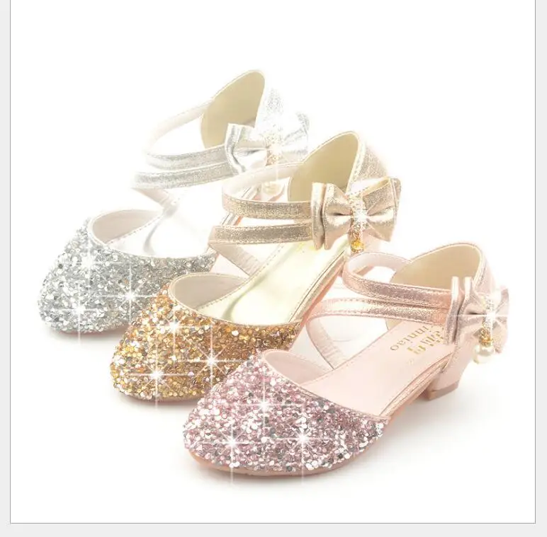 Princess Girls Party Shoes Children Sandals Sequins High Heels Shoes Diamonds Girls Sandals Peep Toe crystal Kids dress Shoes