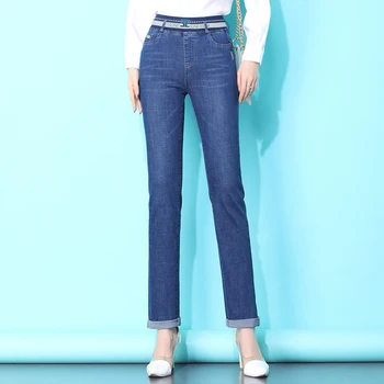 

Casual Elastic Waist Jeans Women Stonewashed Slim Fit Pencil Pants Female Spring Autumn Straight Denim Long Trousers Plus Size
