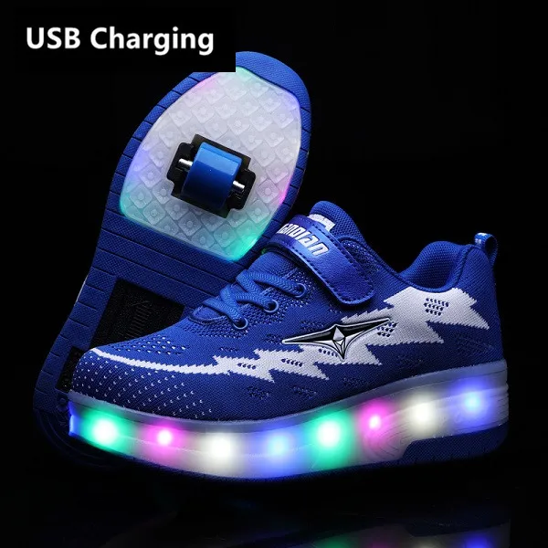 jiandian Blue Heelies New USB charge LED Colorful Children Kids Fashion Sneakers with Two Wheels Roller Skate Shoes Boys Girls Shoes - Цвет: jiandian Blue
