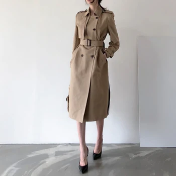 

New Spring Autumn Long Women Trench Coat Double Breasted Belted Office Lady Khaki Dress Loose Coat Lady Outerwear Fashion