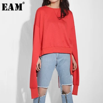 

[EAM] 2020 New Spring Summer Round Neck Long Sleeve Back Hollow Out Bandage Personality Big Size Sweatshirt Women Fashion JO28