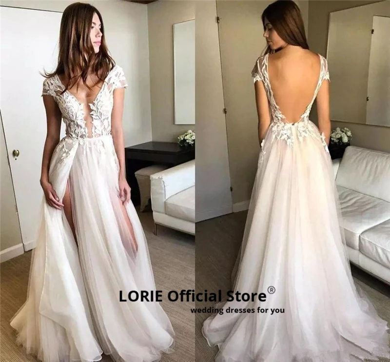 LORIE элегантное кружевное свадебное платье из мягкого тюля с аппликацией, сексуальное пляжное свадебное платье с v-образным вырезом, коротким рукавом и открытой спиной с двойным разрезом