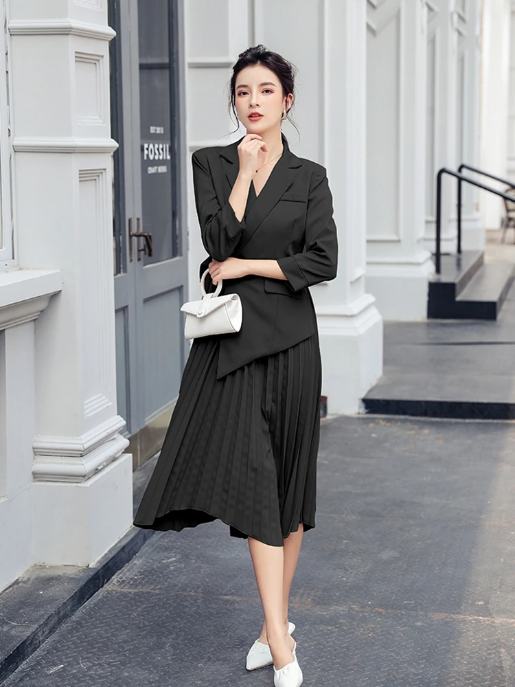 Notched Neck Pleated Dress Women Autumn Winter Casual 3/4 sleeve A-line Dresses office OL Wear To work Business Vestidos