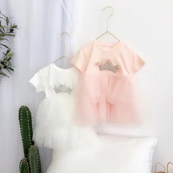 

Summer 2020 Girls Crown Down Dress Korean Western Cartoon Mesh Lovely Dress New Children's Short Sleeve Princess Party Dresses