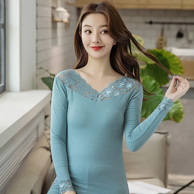 

2020 Autumn and Winter New Thermal Underwear Set Lace Collar Base Underwear Autumn Clothes Long Pants Women's Suit Inner Wear