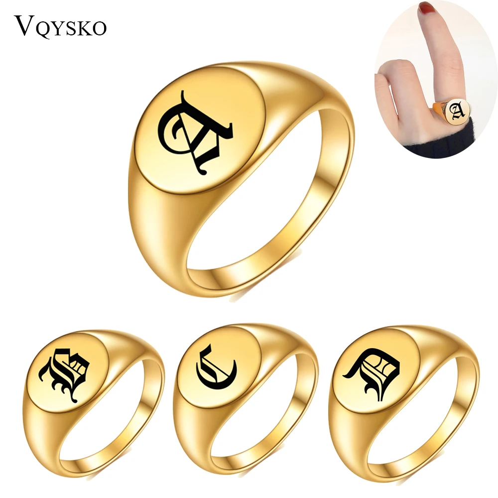 Customize Gift A-Z Initial Stamp Ring for Men Women Gold Color Stainless Steel Signet Letter Ring Chunky Punk Finger Jewelry