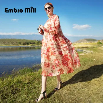 

Spring New High-End Lady printing Dress Street Style lapel Elegant Slim Seaside Vacation A-line Dress S-XL