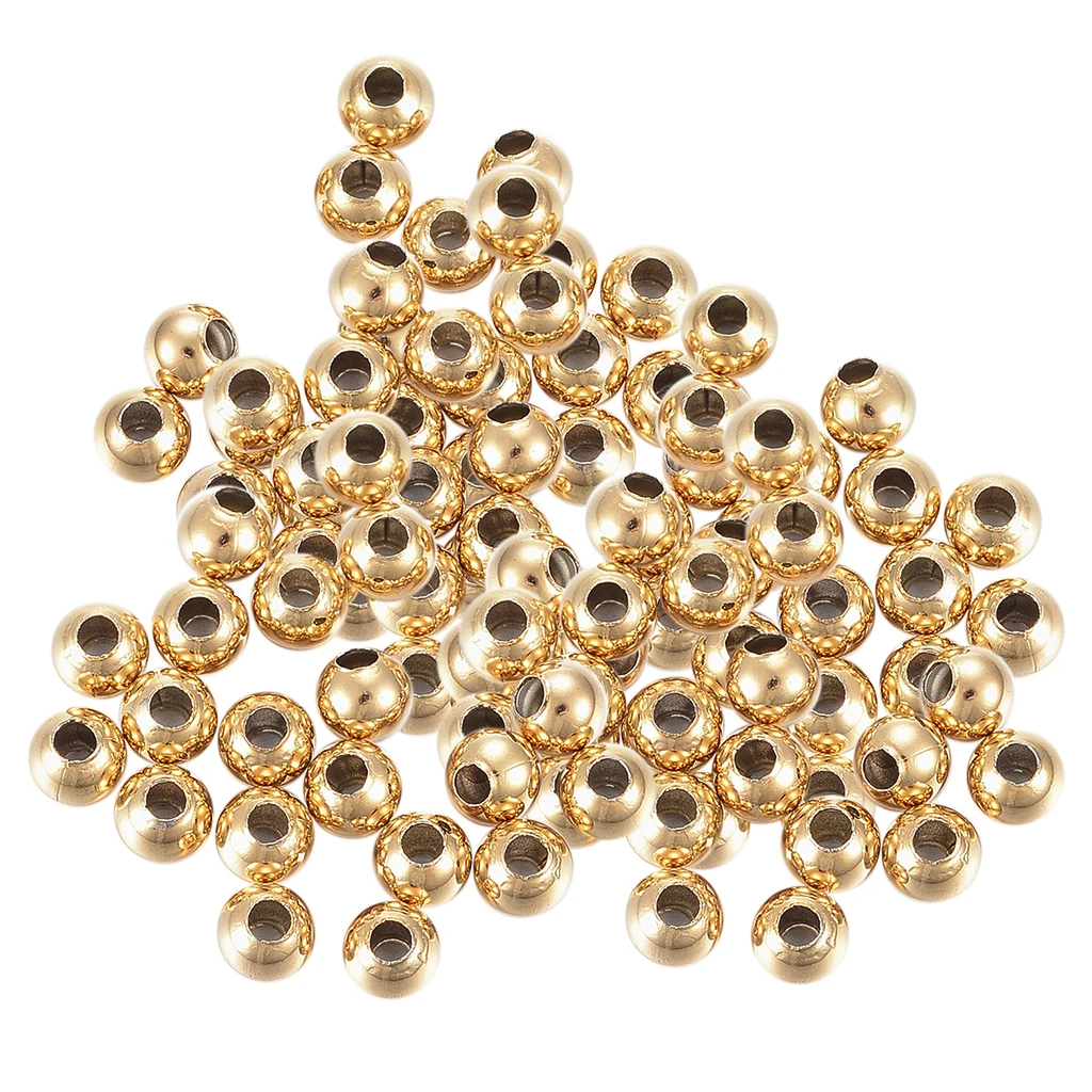 100x Round 304 Stainless Steel Beads -Golden Smooth Loose Spacer Beads 