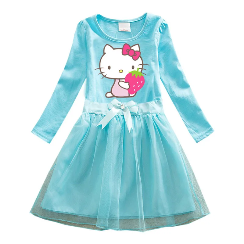 

Hello Kitty Children's Clothing New Cartoon Cotton Dress Girls Autumn Fashion Bow Knot Net Yarn Skirt Sweet Baby Pleated Skirt